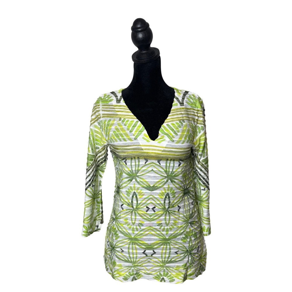 Sundance Burnout 3/4 Bell Sleeve Top Green Pleated Textured Resortwear Size XS‎